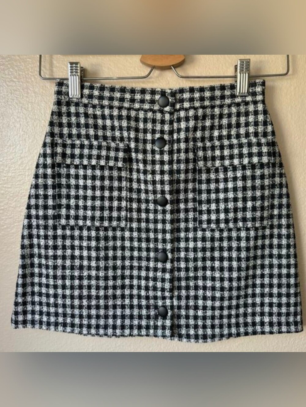 New Button-Front Black and White Check Mini Skirt